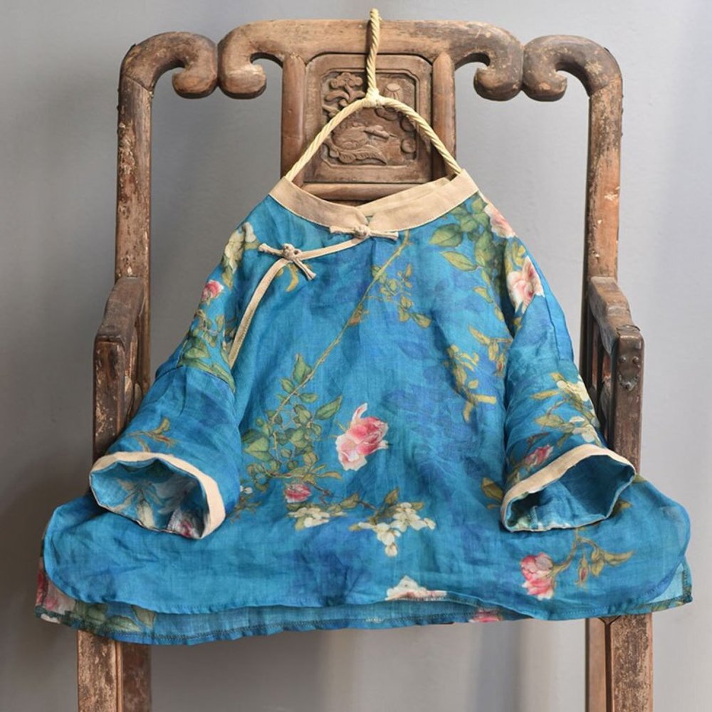 Oversized  floral top Asian style blue top